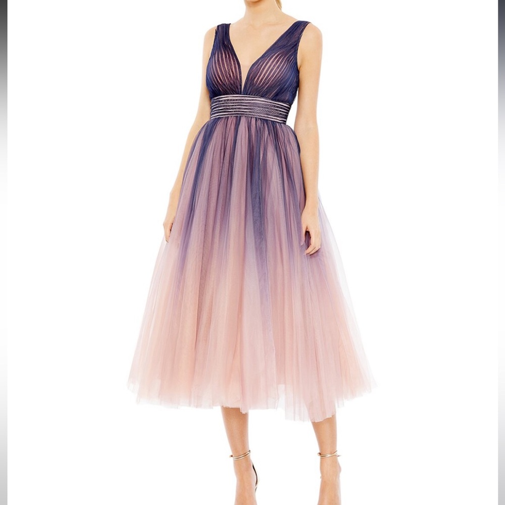 Mac Duggal Ombre Tulle Tea Length Prom Dress Purple Pink Midi Gown